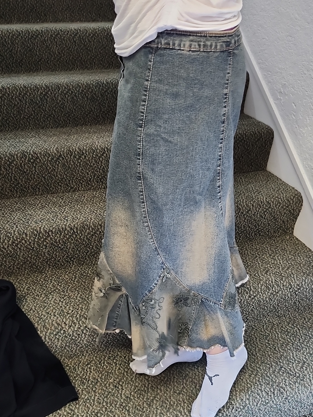 Denim Maxi Skirt with Embroidered Hem